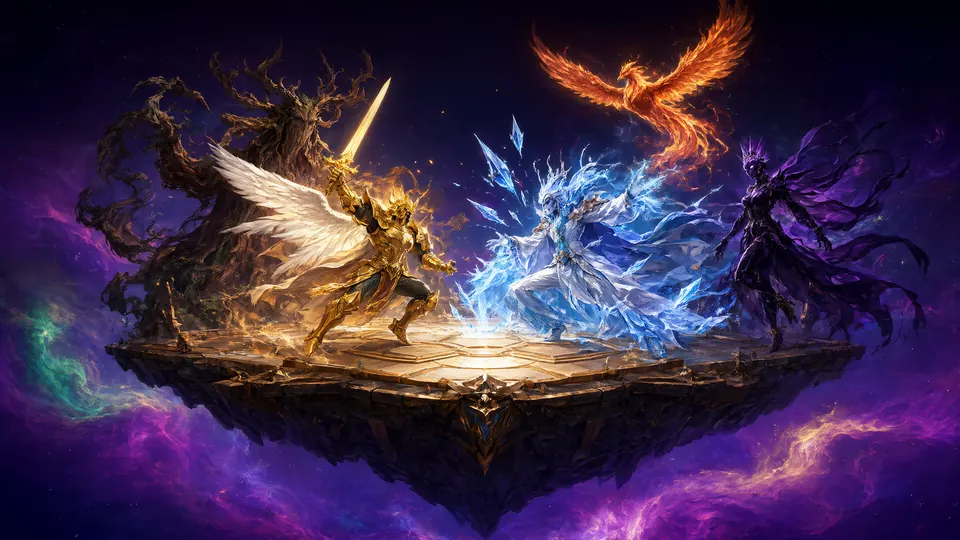 RiftBorn: Fantasy-Champions aus Licht, Eis, Feuer, Natur und Leere stehen sich auf einer schwebenden Arena gegenüber
