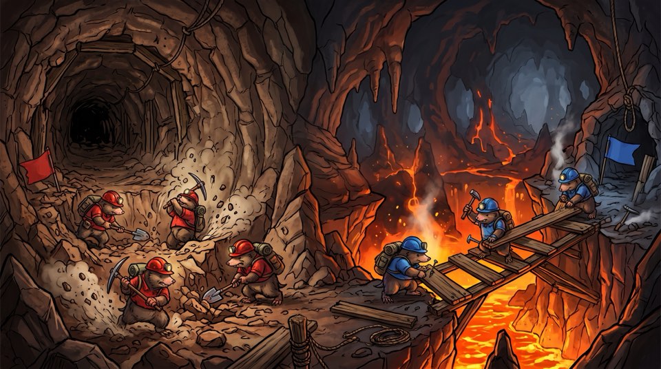 Route Rivals: ein Stollen im Querschnitt — rote und blaue Maulwürfe graben mit Spitzhacke und Schaufel, dazwischen ein Lavastrom mit Holzsteg